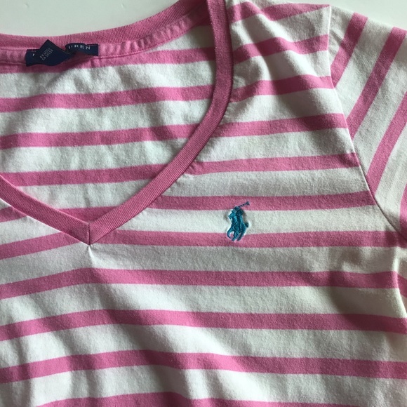 RALPH LAUREN POLO PONY V NECK STRIPED TEE SHIRT MEDIUM - Picture 6 of 11
